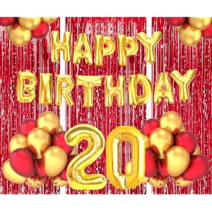 flyloons 20th birthday decoration items for girls boys husband wife valentine with gold and red balloons golden happy birthday banner red foil curtains foil balloon number 20