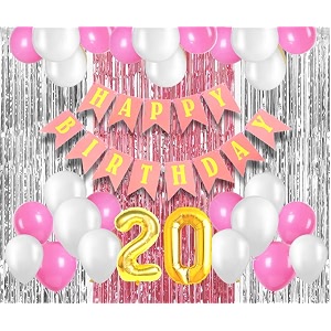 flyloons 20th birthday decoration items for girls with pink and white balloons pink happy birthday banner pink and silver foil curtain foil balloon number 20