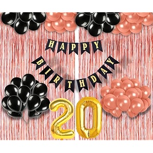 flyloons 20th birthday decoration items for girls with black and rose gold balloons black happy birthday banner rose gold foil curtain foil balloon number 20