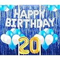 Flyloons 20th Birthday Decoration items for Girls with Blue and White Balloons, Silver Happy Birthday Banner, Blue Foil curtains, Foil Balloon number 20