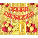 Flyloons 20th Birthday Decoration items for Girls Boys Husband Wife Valentine with Gold and Red Balloons, Red Happy Birthday Banner, Golden Foil curtains, Foil Balloon number 20