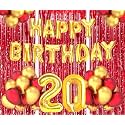 Flyloons 20th Birthday Decoration items for Girls Boys Husband Wife Valentine with Gold and Red Balloons, Golden Happy Birthday Banner, Red Foil curtains, Foil Balloon number 20