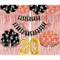 Flyloons 20th Birthday Decoration items for Girls with Black and Rose Gold Balloons, Black Happy Birthday Banner, Rose Gold Foil Curtain, Foil Balloon number 20