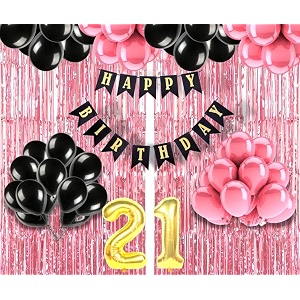 flyloons 21st birthday decoration items for girls with black and pink balloons black happy birthday banner pink foil curtain foil balloon number 21