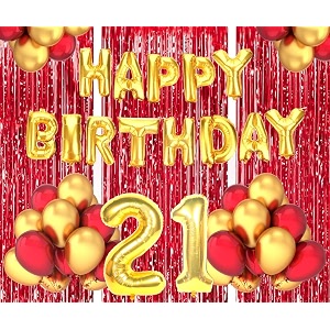 flyloons 21st birthday decoration items for girls boys husband wife valentine with gold and red balloons golden happy birthday banner red foil curtains foil balloon number 21