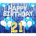 Flyloons 21st Birthday Decoration items for Girls with Blue and White Balloons, Silver Happy Birthday Banner, Blue Foil curtains, Foil Balloon number 21