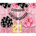 Flyloons 21st Birthday Decoration items for Girls with Black and Pink Balloons, Black Happy Birthday Banner, Pink Foil Curtain, Foil Balloon number 21