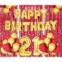 Flyloons 21st Birthday Decoration items for Girls Boys Husband Wife Valentine with Gold and Red Balloons, Golden Happy Birthday Banner, Red Foil curtains, Foil Balloon number 21