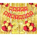 Flyloons 21st Birthday Decoration items for Girls Boys Husband Wife Valentine with Gold and Red Balloons, Red Happy Birthday Banner, Golden Foil curtains, Foil Balloon number 21
