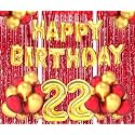 Flyloons 22nd Birthday Decoration items for Girls Boys Husband Wife Valentine with Gold and Red Balloons, Golden Happy Birthday Banner, Red Foil curtains, Foil Balloon number 22
