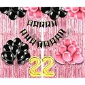 Flyloons 22nd Birthday Decoration items for Girls with Black and Pink Balloons, Black Happy Birthday Banner, Pink Foil Curtain, Foil Balloon number 22