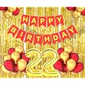 Flyloons 22nd Birthday Decoration items for Girls Boys Husband Wife Valentine with Gold and Red Balloons, Red Happy Birthday Banner, Golden Foil curtains, Foil Balloon number 22