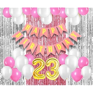 flyloons 23rd birthday decoration items for girls with pink and white balloons pink happy birthday banner pink and silver foil curtain foil balloon number 23