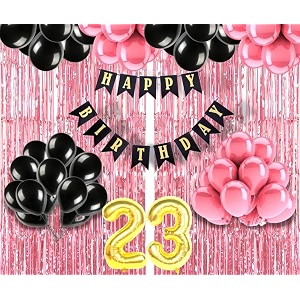 flyloons 23rd birthday decoration items for girls with black and pink balloons black happy birthday banner pink foil curtain foil balloon number 23