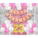 Flyloons 23rd Birthday Decoration items for Girls with Pink and White Balloons, Pink Happy Birthday Banner, Pink and Silver Foil Curtain, Foil Balloon number 23