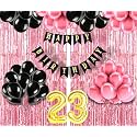Flyloons 23rd Birthday Decoration items for Girls with Black and Pink Balloons, Black Happy Birthday Banner, Pink Foil Curtain, Foil Balloon number 23