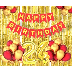 flyloons 24th birthday decoration items for girls boys husband wife valentine with gold and red balloons red happy birthday banner golden foil curtains foil balloon number 24