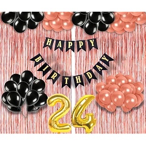flyloons 24th birthday decoration items for girls with black and rose gold balloons black happy birthday banner rose gold foil curtain foil balloon number 24