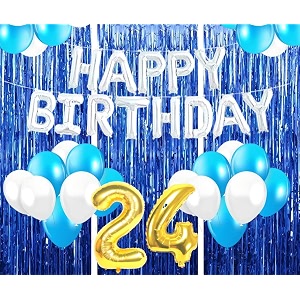 flyloons 24th birthday decoration items for girls with blue and white balloons silver happy birthday banner blue foil curtains foil balloon number 24