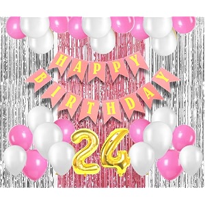 flyloons 24th birthday decoration items for girls with pink and white balloons pink happy birthday banner pink and silver foil curtain foil balloon number 24