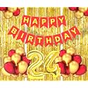 Flyloons 24th Birthday Decoration items for Girls Boys Husband Wife Valentine with Gold and Red Balloons, Red Happy Birthday Banner, Golden Foil curtains, Foil Balloon number 24