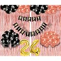 Flyloons 24th Birthday Decoration items for Girls with Black and Rose Gold Balloons, Black Happy Birthday Banner, Rose Gold Foil Curtain, Foil Balloon number 24