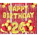 Flyloons 24th Birthday Decoration items for Girls Boys Husband Wife Valentine with Gold and Red Balloons, Golden Happy Birthday Banner, Red Foil curtains, Foil Balloon number 24