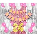 Flyloons 24th Birthday Decoration items for Girls with Pink and White Balloons, Pink Happy Birthday Banner, Pink and Silver Foil Curtain, Foil Balloon number 24