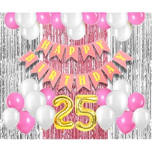 flyloons 25th birthday decoration items for girls with pink and white balloons pink happy birthday banner pink and silver foil curtain foil balloon number 25