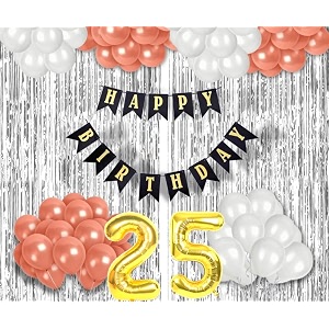 flyloons 25th birthday decoration items for girls with rose gold and white balloons black happy birthday banner silver foil curtain foil balloon number 25