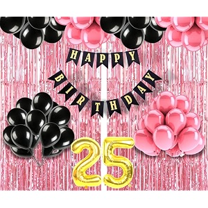 flyloons 25th birthday decoration items for girls with black and pink balloons black happy birthday banner pink foil curtain foil balloon number 25
