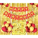 Flyloons 25th Birthday Decoration items for Girls Boys Husband Wife Valentine with Gold and Red Balloons, Red Happy Birthday Banner, Golden Foil curtains, Foil Balloon number 25