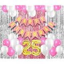 Flyloons 25th Birthday Decoration items for Girls with Pink and White Balloons, Pink Happy Birthday Banner, Pink and Silver Foil Curtain, Foil Balloon number 25