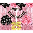 Flyloons 25th Birthday Decoration items for Girls with Black and Pink Balloons, Black Happy Birthday Banner, Pink Foil Curtain, Foil Balloon number 25