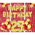 Flyloons 25th Birthday Decoration items for Girls Boys Husband Wife Valentine with Gold and Red Balloons, Golden Happy Birthday Banner, Red Foil curtains, Foil Balloon number 25