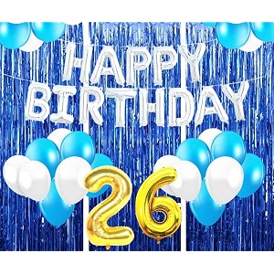 flyloons 26th birthday decoration items for girls with blue and white balloons silver happy birthday banner blue foil curtains foil balloon number 26
