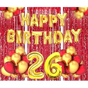 flyloons 26th birthday decoration items for girls boys husband wife valentine with gold and red balloons golden happy birthday banner red foil curtains foil balloon number 26