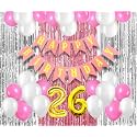 Flyloons 26th Birthday Decoration items for Girls with Pink and White Balloons, Pink Happy Birthday Banner, Pink and Silver Foil Curtain, Foil Balloon number 26