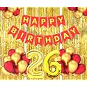 Flyloons 26th Birthday Decoration items for Girls Boys Husband Wife Valentine with Gold and Red Balloons, Red Happy Birthday Banner, Golden Foil curtains, Foil Balloon number 26