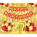 Flyloons 27th Birthday Decoration items for Girls Boys Husband Wife Valentine with Gold and Red Balloons, Red Happy Birthday Banner, Golden Foil curtains, Foil Balloon number 27