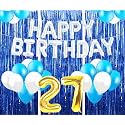 Flyloons 27th Birthday Decoration items for Girls with Blue and White Balloons, Silver Happy Birthday Banner, Blue Foil curtains, Foil Balloon number 27