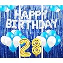 Flyloons 28th Birthday Decoration items for Girls with Blue and White Balloons, Silver Happy Birthday Banner, Blue Foil curtains, Foil Balloon number 28