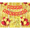 Flyloons 28th Birthday Decoration items for Girls Boys Husband Wife Valentine with Gold and Red Balloons, Red Happy Birthday Banner, Golden Foil curtains, Foil Balloon number 28