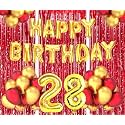 Flyloons 28th Birthday Decoration items for Girls Boys Husband Wife Valentine with Gold and Red Balloons, Golden Happy Birthday Banner, Red Foil curtains, Foil Balloon number 28