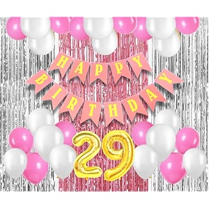 flyloons 29th birthday decoration items for girls with pink and white balloons pink happy birthday banner pink and silver foil curtain foil balloon number 29