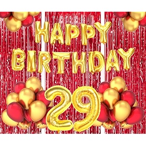 flyloons 29th birthday decoration items for girls boys husband wife valentine with gold and red balloons golden happy birthday banner red foil curtains foil balloon number 29
