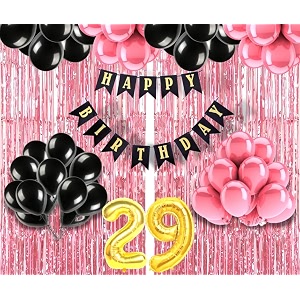 flyloons 29th birthday decoration items for girls with black and pink balloons black happy birthday banner pink foil curtain foil balloon number 29