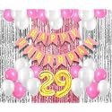 Flyloons 29th Birthday Decoration items for Girls with Pink and White Balloons, Pink Happy Birthday Banner, Pink and Silver Foil Curtain, Foil Balloon number 29