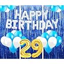 Flyloons 29th Birthday Decoration items for Girls with Blue and White Balloons, Silver Happy Birthday Banner, Blue Foil curtains, Foil Balloon number 29