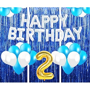 flyloons 2nd birthday decoration items for girls with blue and white balloons silver happy birthday banner blue foil curtains foil balloon number 2